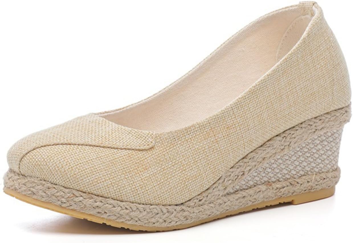 

Женские эспадрильи на платформе с заостренным носком, удобные туфли на танкетке, однотонные, с средним невысоким каблуком, обувь из холста, повседневные летние закрытые туфли для работы Zwrxw, бежевый