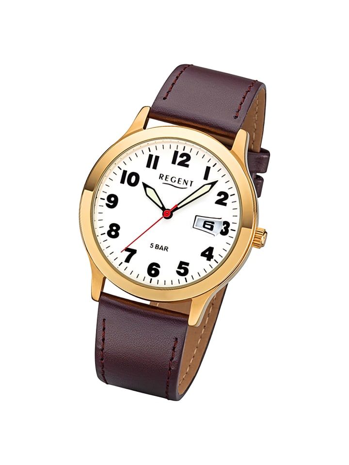 

Аналоговые наручные часы Regent, коричневый кожаный ремешок, средний размер (примерно 39 мм)