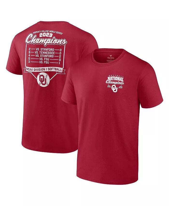 

Мужская и женская футболка Crimson Oklahoma Earlys 2023 NCAA по софтболу, женская футболка с расписанием чемпионов Мировой серии среди колледжей Fanatics, красный