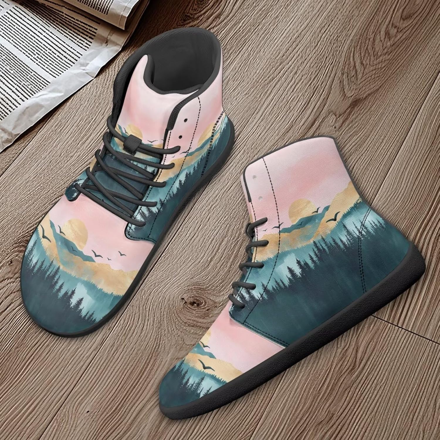 Охотничьи ботинки Binienty Barefoot для мужчин и женщин, водонепроницаемые, из искусственной кожи, высокие, с поддержкой лодыжки, спортивная обувь, Ink Painting Mountain Forest — фото 3