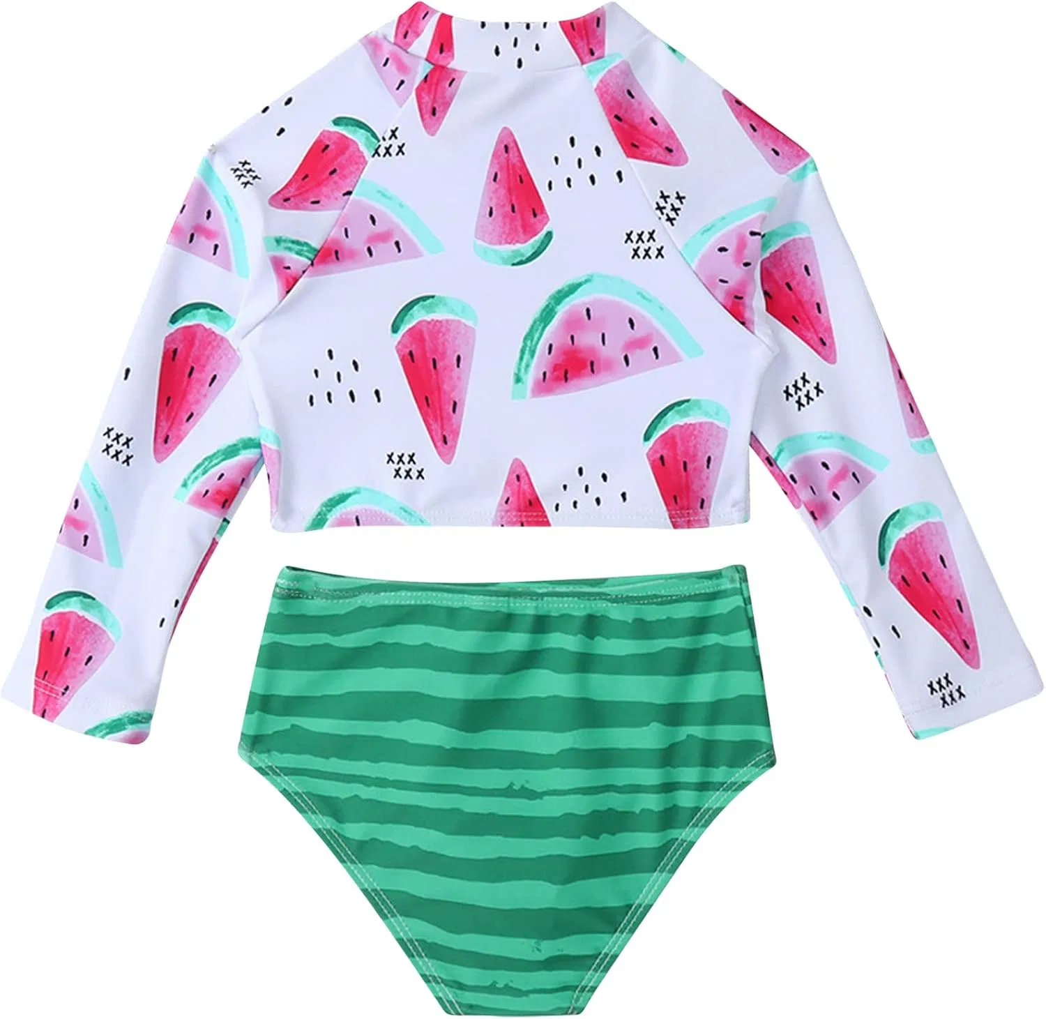 Yihuimin Летний комплект для маленьких девочек: рашгард с длинными купальными рубашками и танкини с высокой посадкой и принтом арбуза, зеленый — фото 3