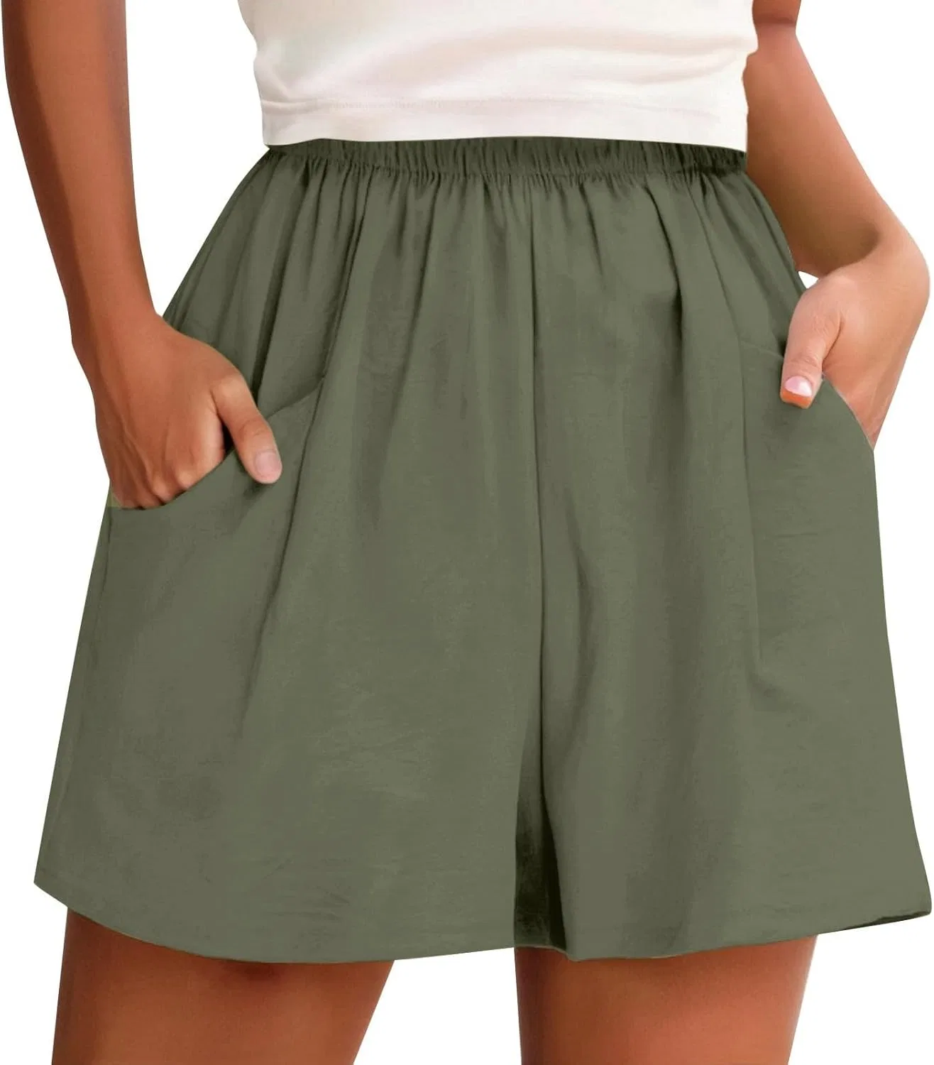 Шорты женские льняные с широкими штанинами, Army Green