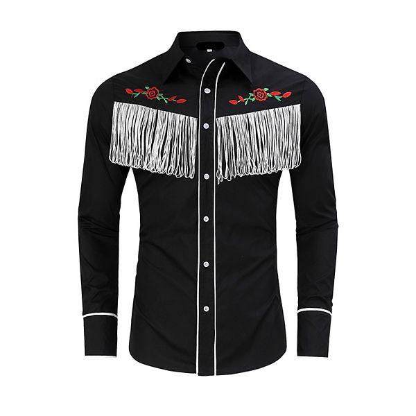 

Мужская ковбойская рубашка с бахромой и вышивкой розы, длинный рукав, slim fit Maxxis Merch, Double Layered Tassel