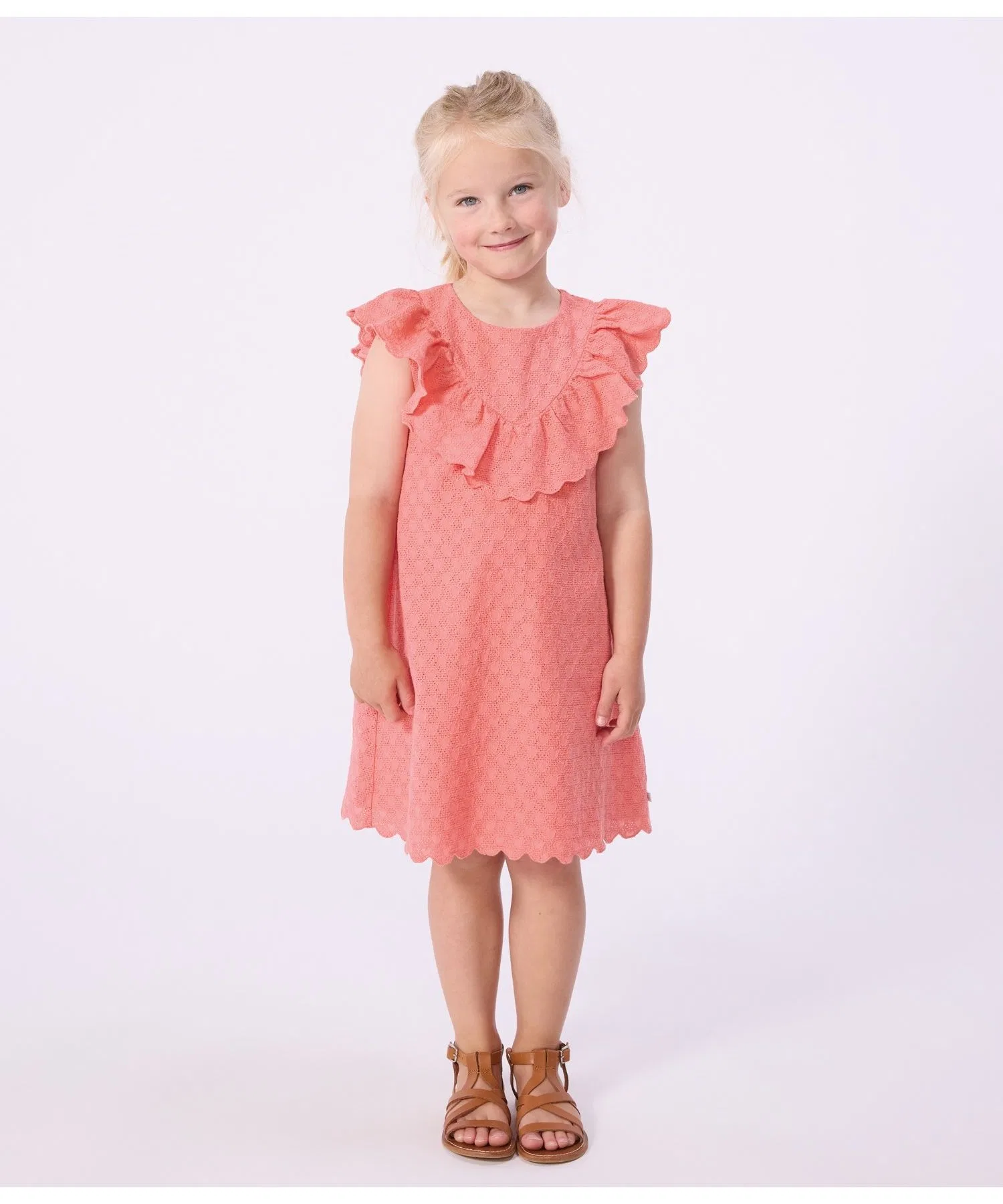 Детское платье с вышивкой сердечками Petit Bateau оранжевое