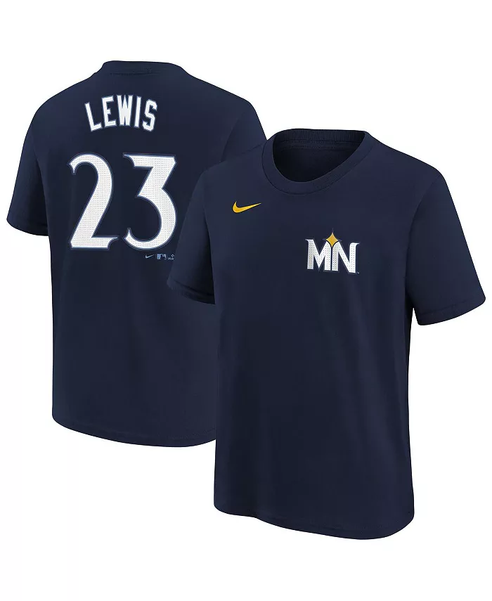 

Футболка Royce Lewis Minnesota Twins Fuse City Connect с именем и номером для подростков, цвет Navy Nike