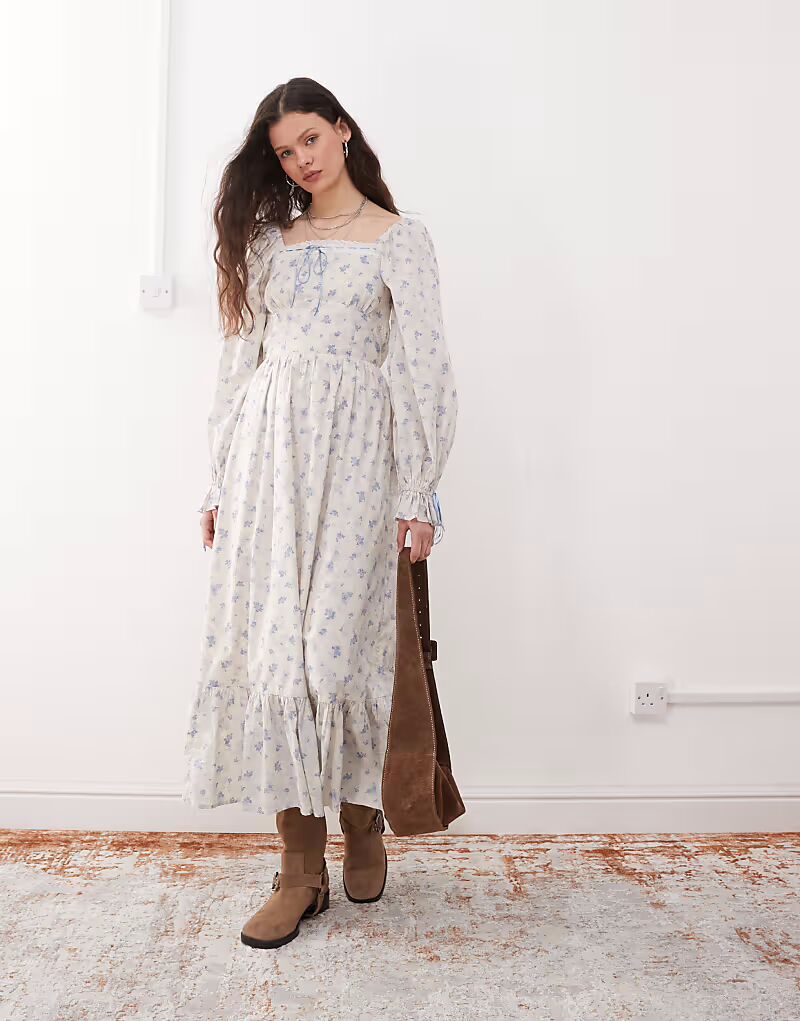 

Платье-макси «доярка» Miss Selfridge с синим цветочным принтом