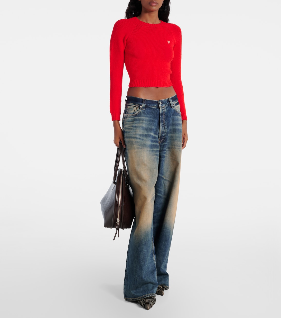Короткий ребристый свитер из хлопковой смеси Acne Studios, Bright Red — фото 2