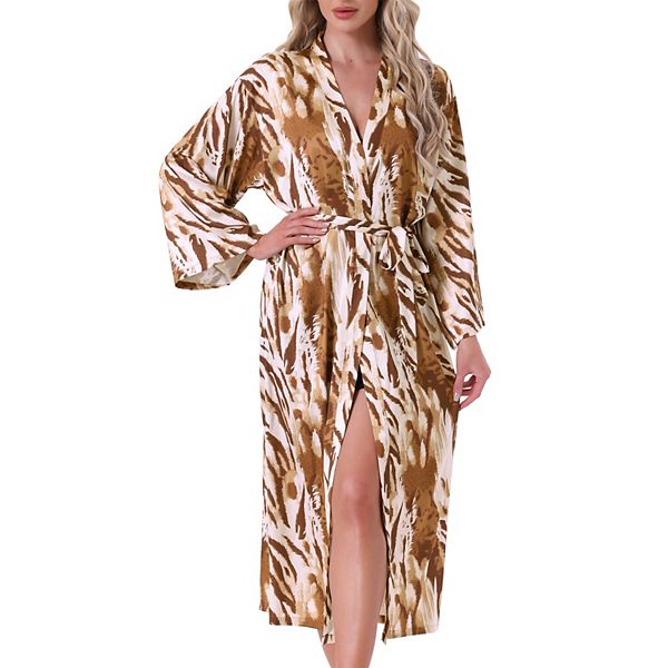 

Женский атласный халат с леопардовым принтом, длинные рукава, свободный покрой, с поясом Inspire Chic, Brown Leopard