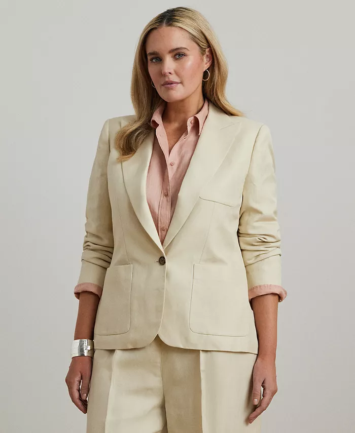 

Блейзер из льняной смесовой саржи больших размеров Lauren Ralph Lauren, слоновая кость/кремовый