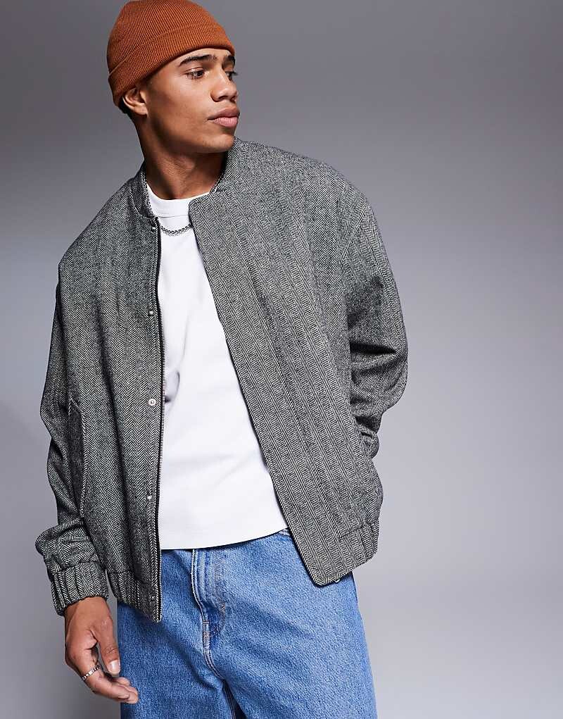 

ASOS DESIGN — Черный бомбер оверсайз с узором «елочка» из искусственной шерсти