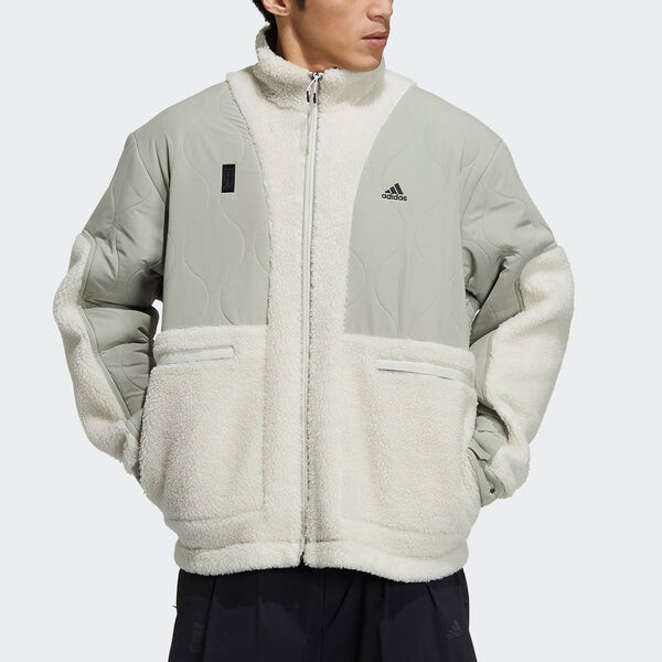 Куртка Men's adidas Wj Mixboa Jkt Martial Arts Series Lamb's Wool Splicing Stand Collar Sports Logo Jacket Creamy White, белый — фото 3