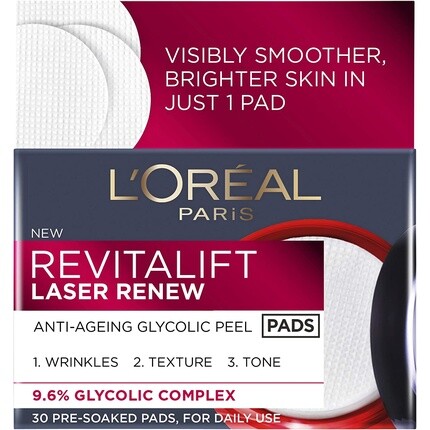 

L'Oreal Paris Revitalift Laser Renew Антивозрастные подушечки для пилинга с гликолевой кислотой 30, L'Oreal, Красный, L'Oreal Paris Revitalift Laser Renew Антивозрастные подушечки для пилинга с гликолевой кислотой 30, L'Oreal