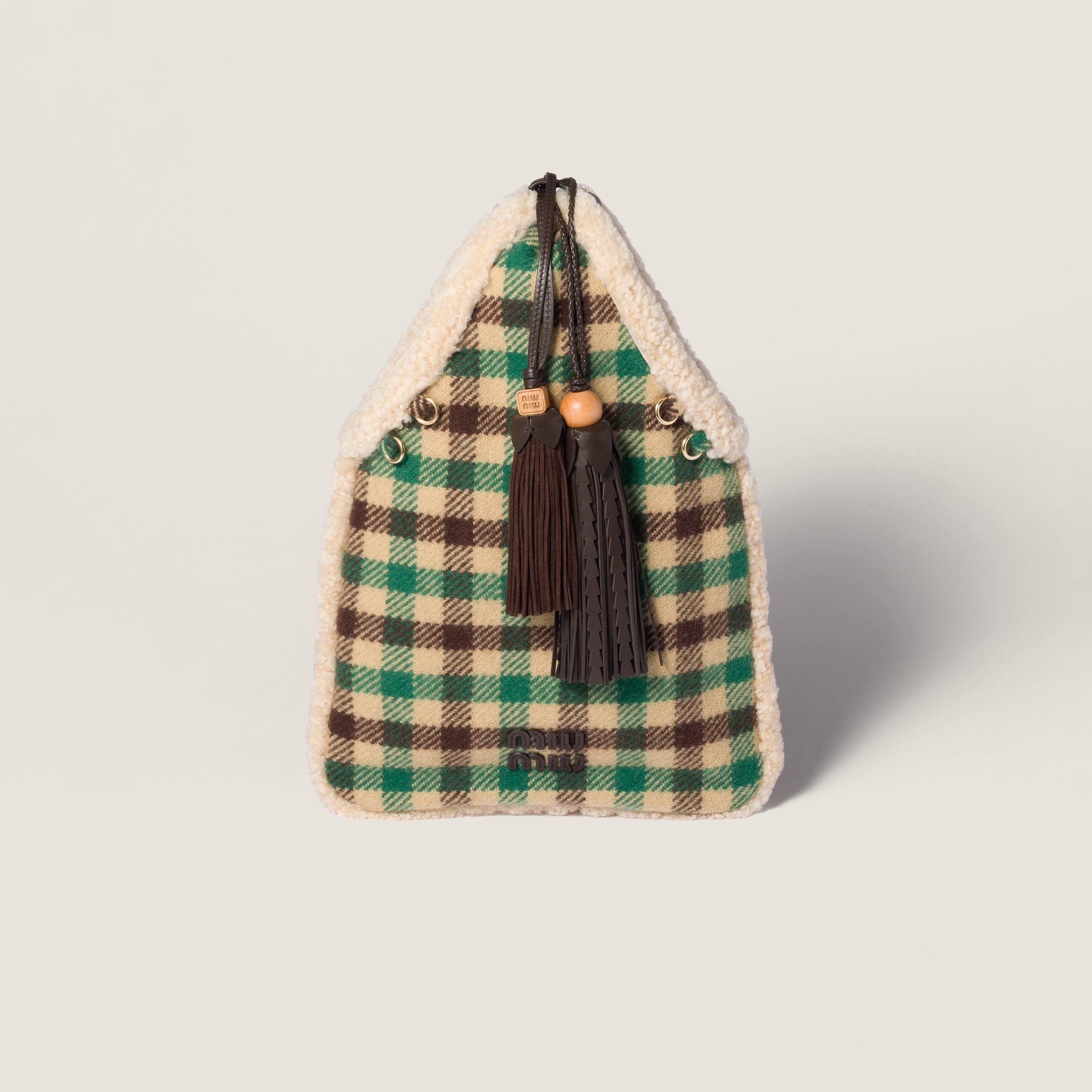 

Сумка из ткани в клетку и овчины MIU MIU, кэмел/зеленый