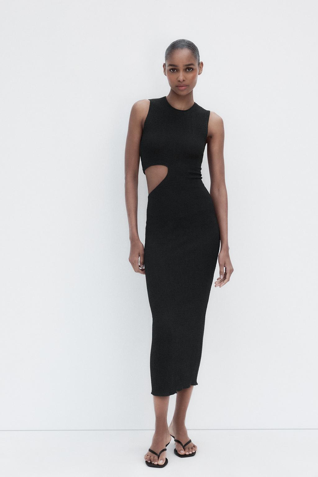 

Длинное текстурированное платье с вырезом ZARA, черный