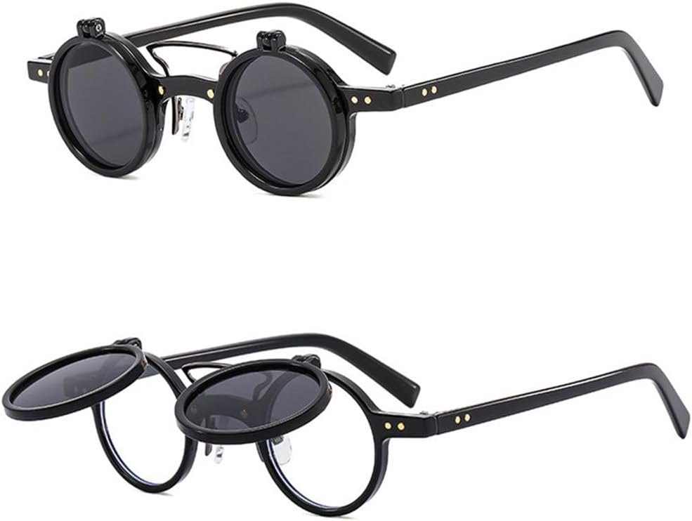 

Ретро-панк солнцезащитные очки с двойной откидной крышкой, круглые, для женщин и мужчин, с леопардовым принтом, защитой от УФ-излучения UV400 и заклепками VFDHN, Black Gray