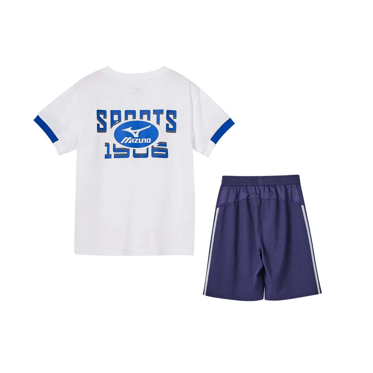 Детская повседневная спортивная футболка с круглым вырезом Mizuno, White Short-Sleeved Shirt+Royal Blue Shorts — фото 4