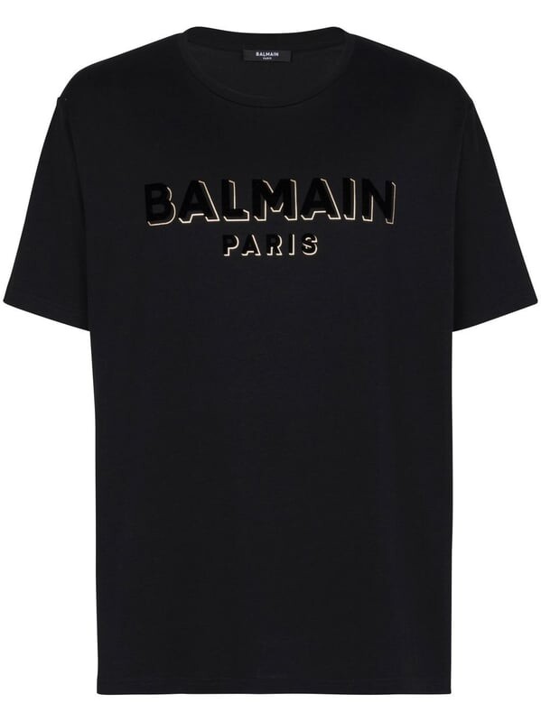 

Футболка оверсайз с круглым вырезом и бархатным логотипом Balmain, черный