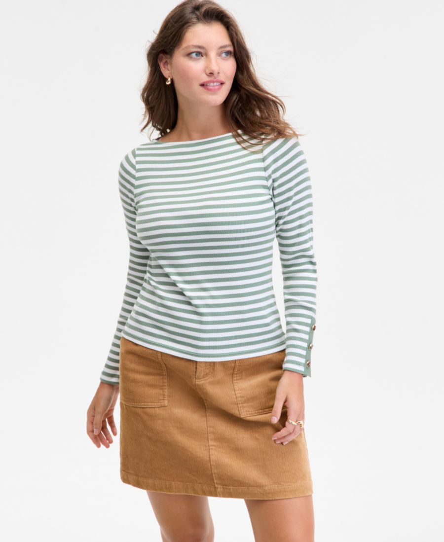 

Женская блузка с вырезом-лодочкой и манжетами на пуговицах, размеры XXS-4X On 34th, Olive White Combo