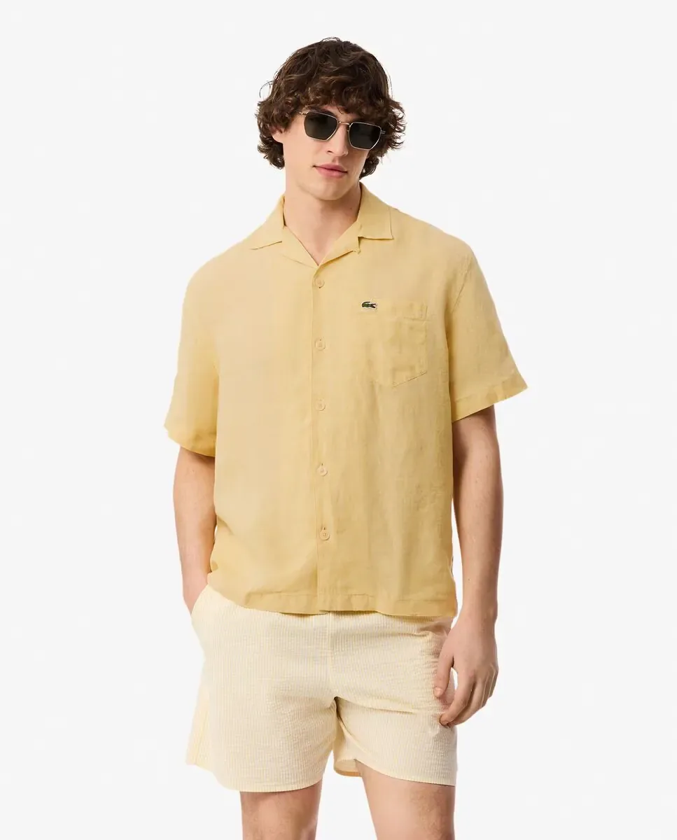Мужская рубашка свободного кроя из льна с короткими рукавами Lacoste, желтый
