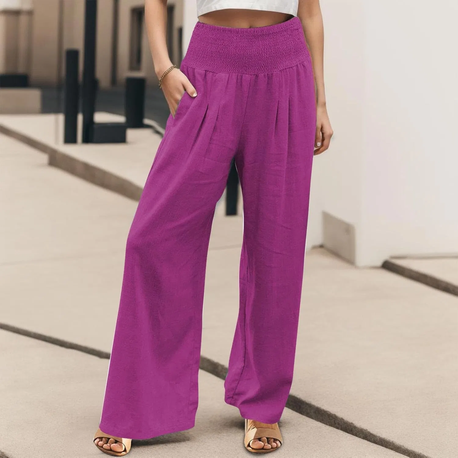 Брюки женские из хлопка и льна, Generic, Hot Pink — фото 2
