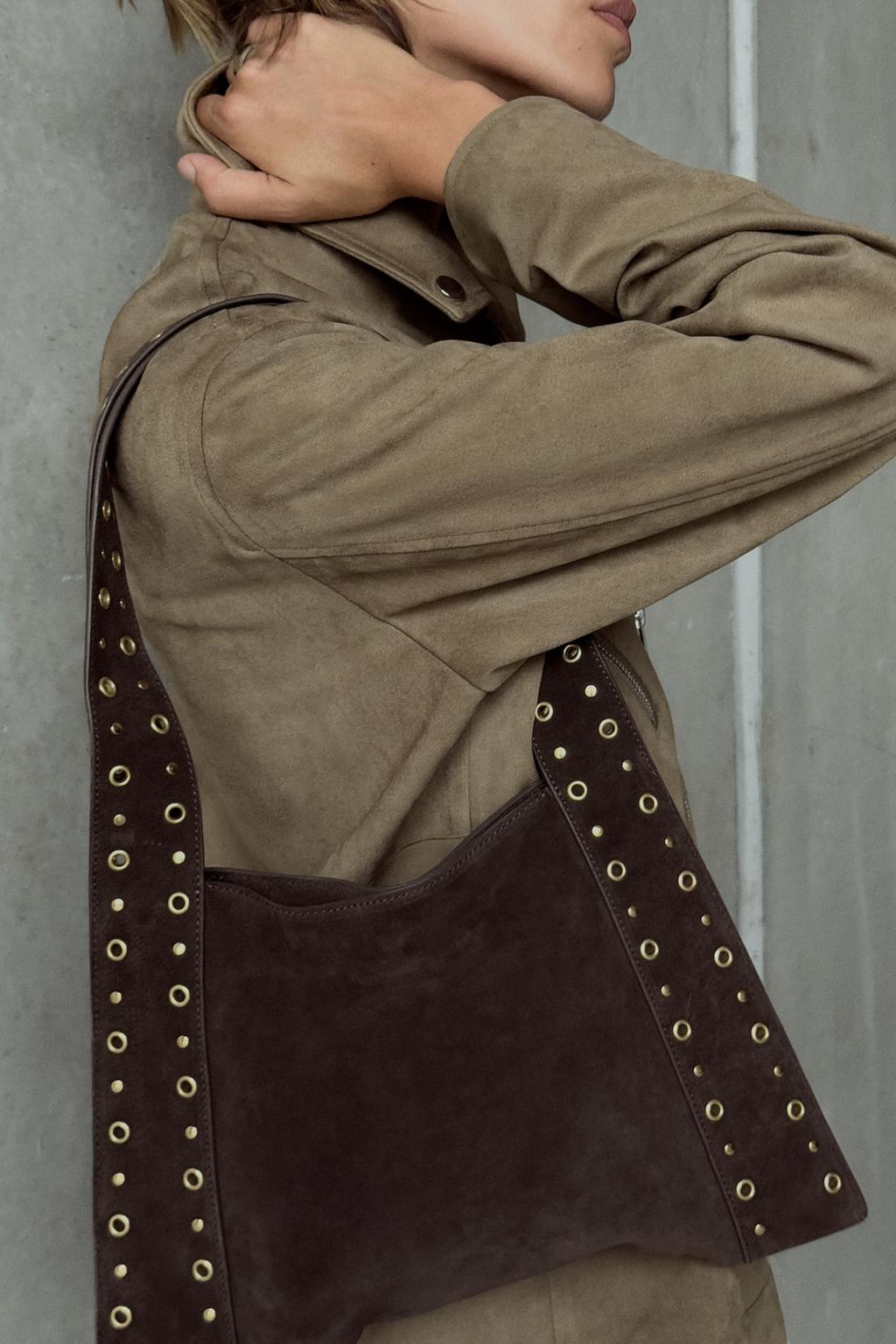 

Разрезная замшевая сумка через плечо с заклепками ZARA, коричневый