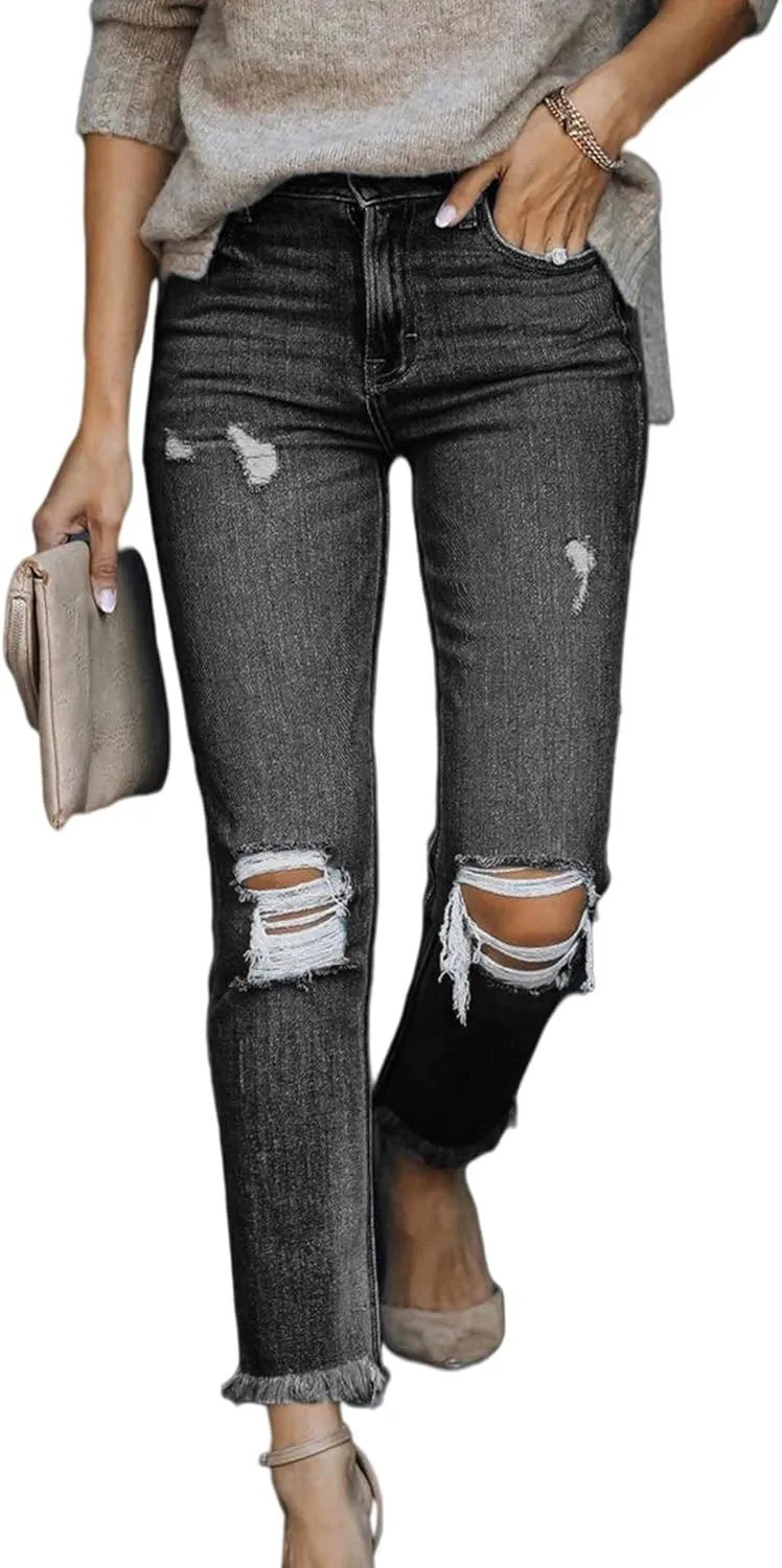 

SOMTHRON Женские джинсы High Rise Distressed Slim Punk, зауженные, с потертостями