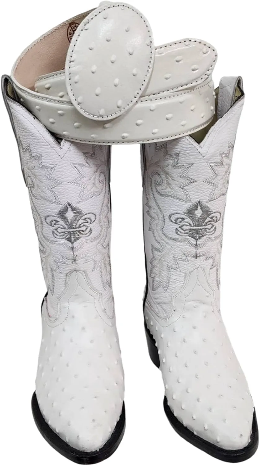 Мужские ковбойские сапоги Dona Michi Mens Western из кожи страуса белого цвета с принтом и бесплатным подходящим ремнем, белый