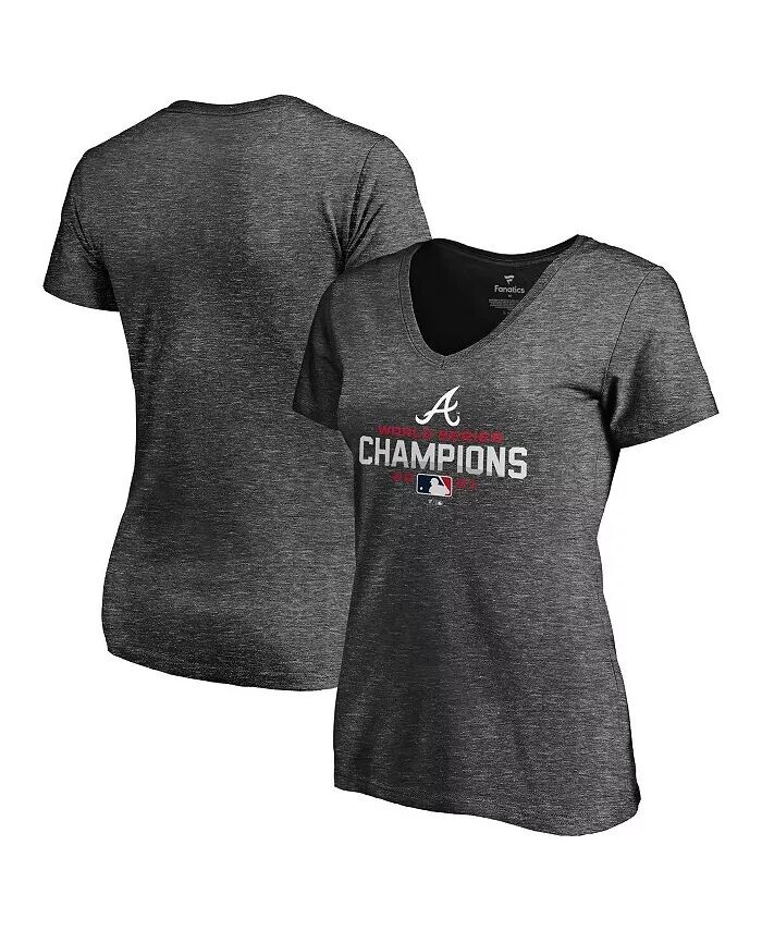 

Женская футболка Heather Charcoal Atlanta Braves World Series Champions 2021 с v-образным вырезом Fanatics