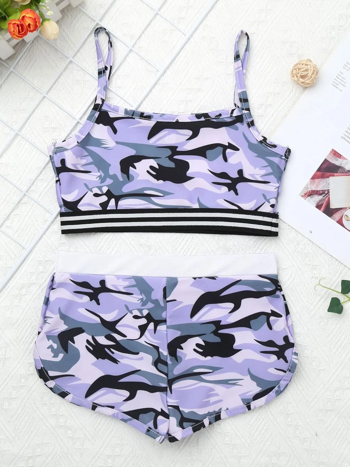 Детский спортивный костюм с вышивкой снежинки Alvivi, топ и шорты, Camo Purple — фото 4