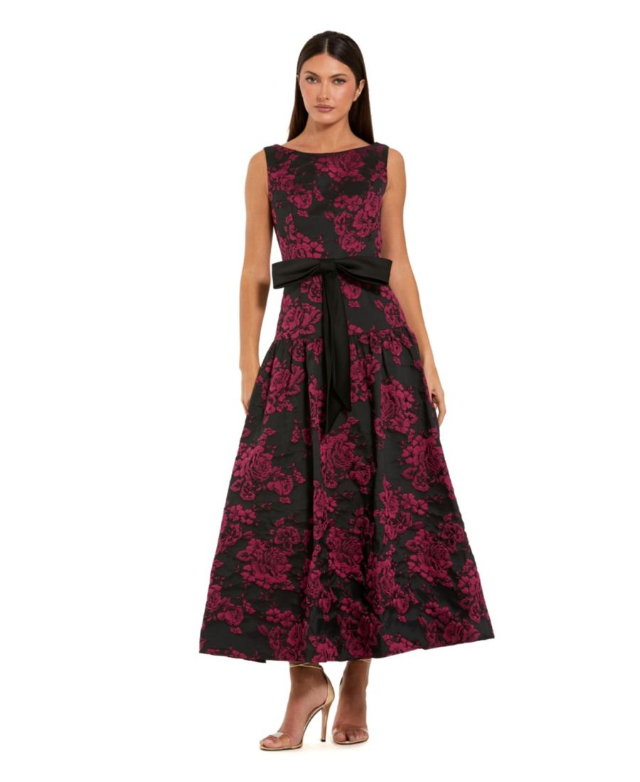 

Женское атласное платье миди с бантом и заниженной талией из парчи Mac Duggal, Magenta multi