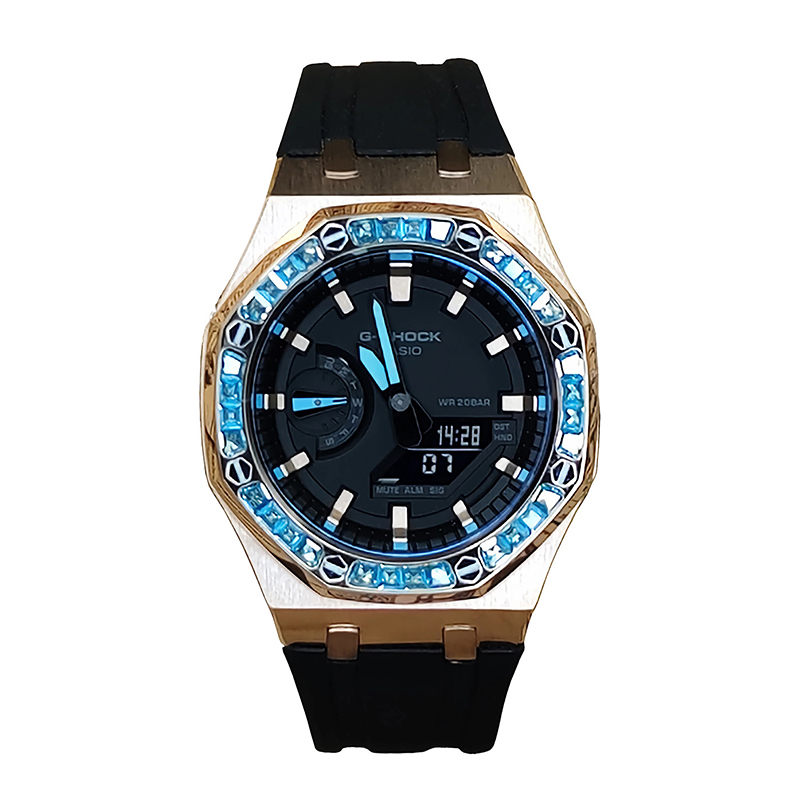 

Часы Casio G-Shock Analog-Digital 2100 Series, арт. GA-2100-1A1, 44 мм, черный/розовое золото/голубые стразы