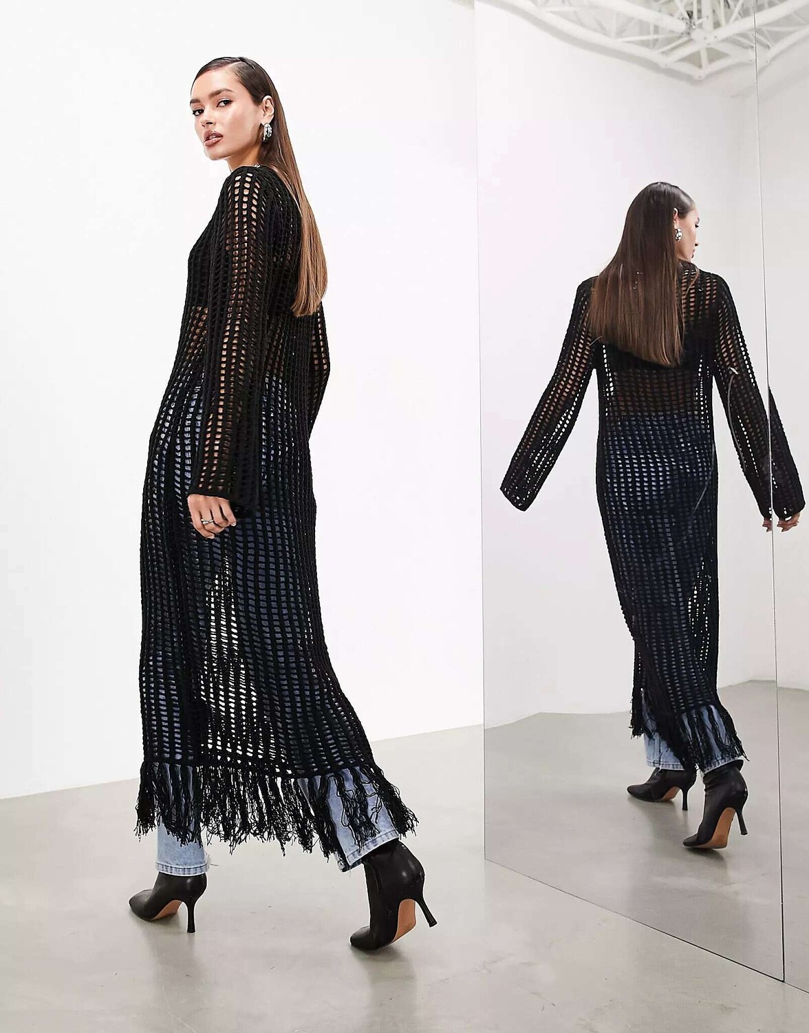 

Черное трикотажное платье макси с длинными рукавами и кисточками ASOS, Черный, Черное трикотажное платье макси с длинными рукавами и кисточками ASOS