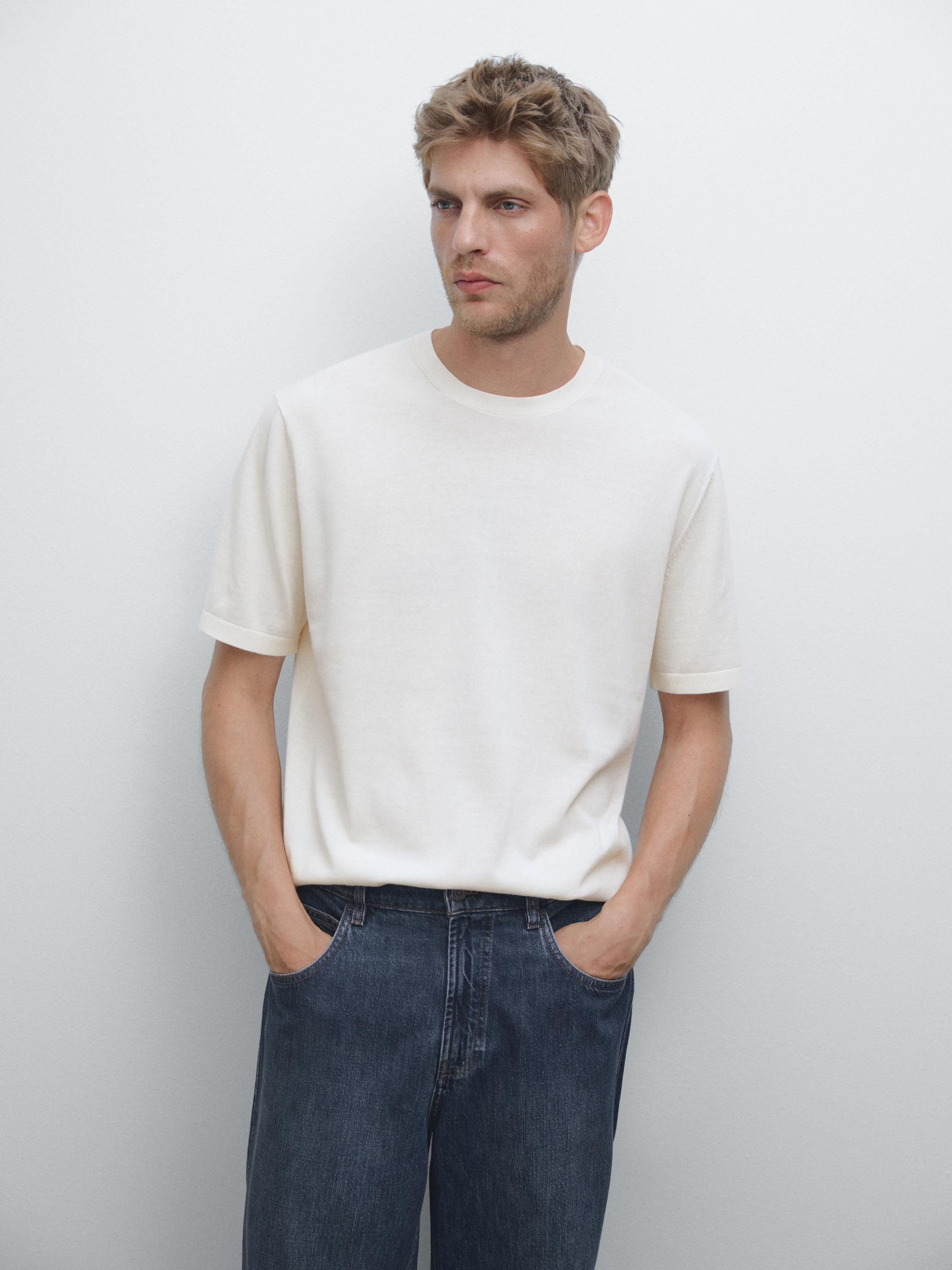 Футболка из 100% хлопкового трикотажа Massimo Dutti, кремовый — фото 4