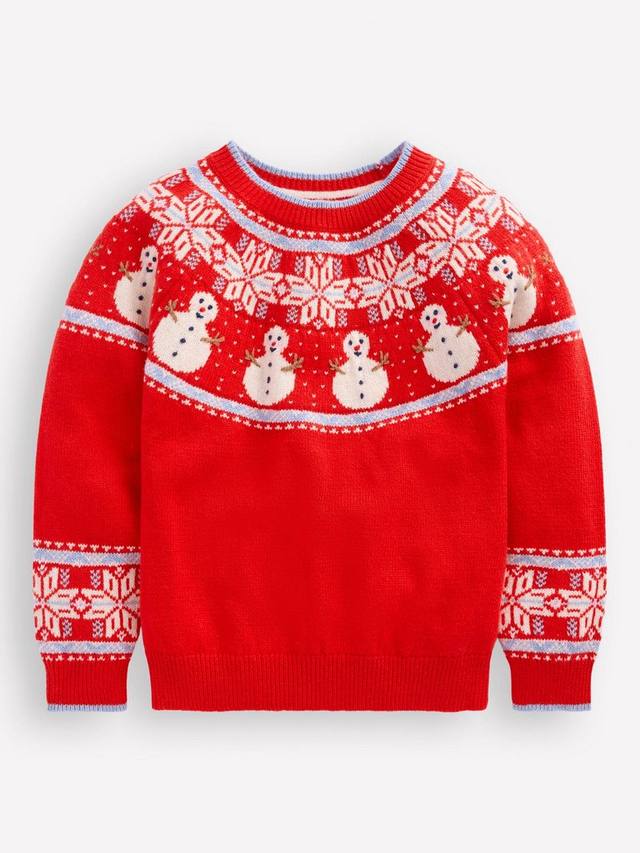 

Детский джемпер Fair Isle из шерстяной смеси Mini Boden, Poppy Red Snowmen