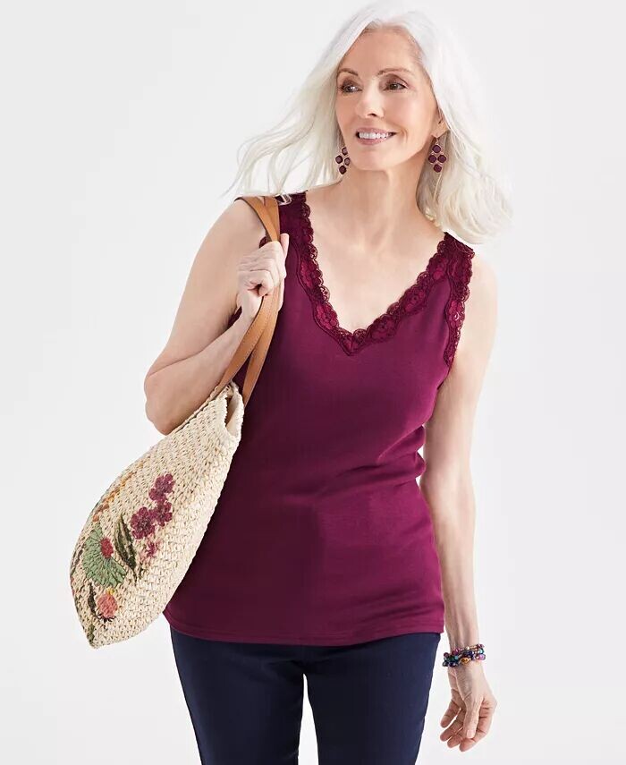 

Миниатюрная хлопковая майка кружевной вязки Style & Co, красный