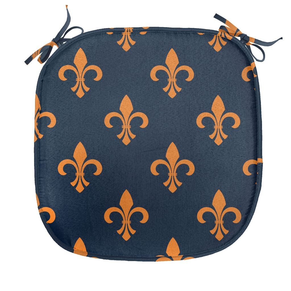 

ABAKUHAUS Fleur De Lis Подушка для обеденного стула, дизайн Crest, декоративная водонепроницаемая подушка с ремнями для кухонных сидений, 40 см x 40 см, оранжевый индиго, синий