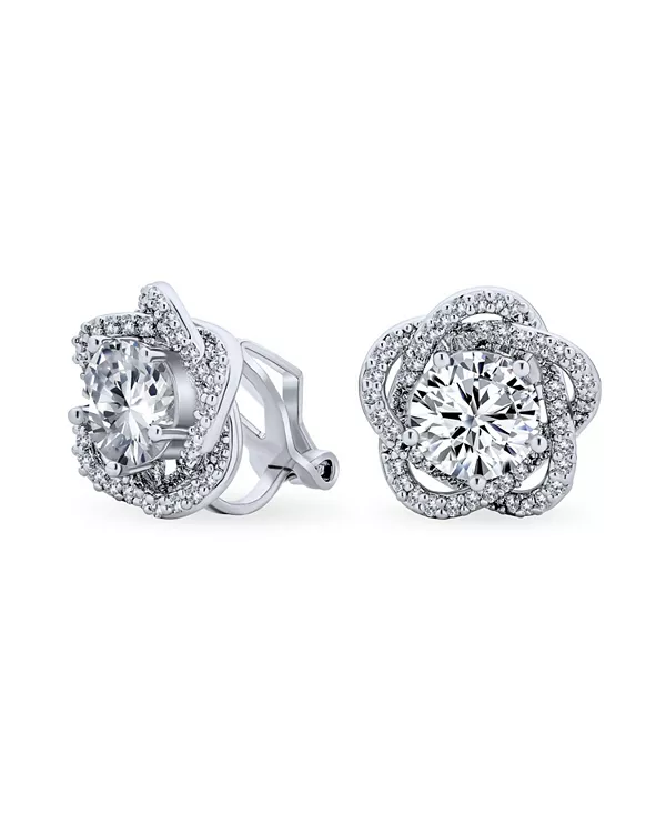 

Элегантные серьги-клипсы с кубическим цирконием и паве из кубических цирконий в форме розы в форме 3D-цветка для выпускного бала, для официальной вечеринки, для непроколотых ушей Bling Jewelry, clear