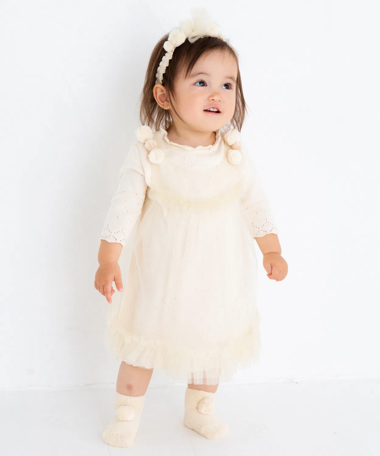 Комплект: фатиновый фартук и платье с ажурным узором Pompkinsbaby, натуральный