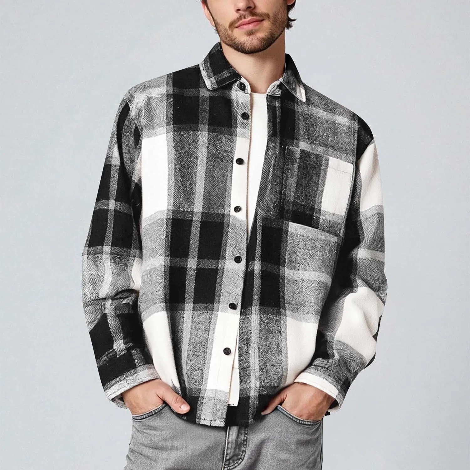 Фланелевая рубашка для мужчин Vintage Plaid с длинным рукавом, шакат, мужская повседневная на пуговицах, осенняя легкая рубашка-куртка, удобная generic, серый — фото 4