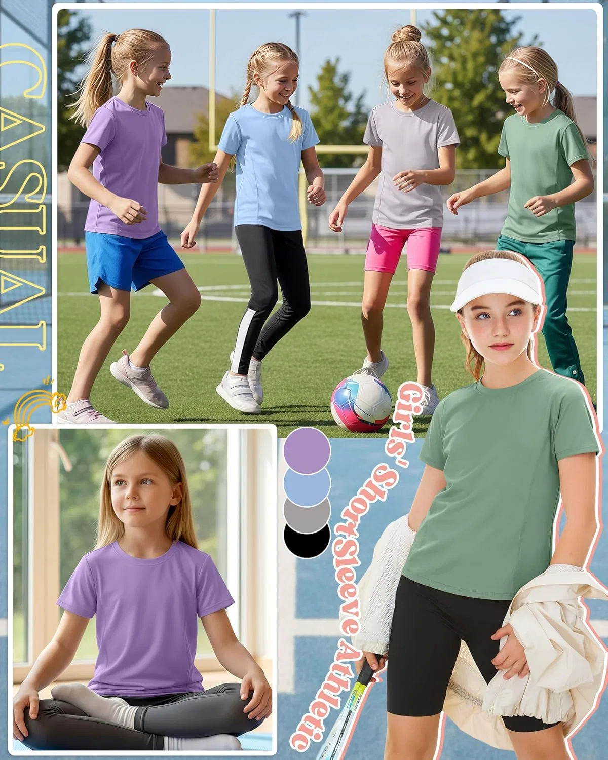 Детская спортивная футболка с коротким рукавом LessonZoo, набор 4 шт, Taro Purple, Light Blue, Light Gray, Mint Green — фото 2