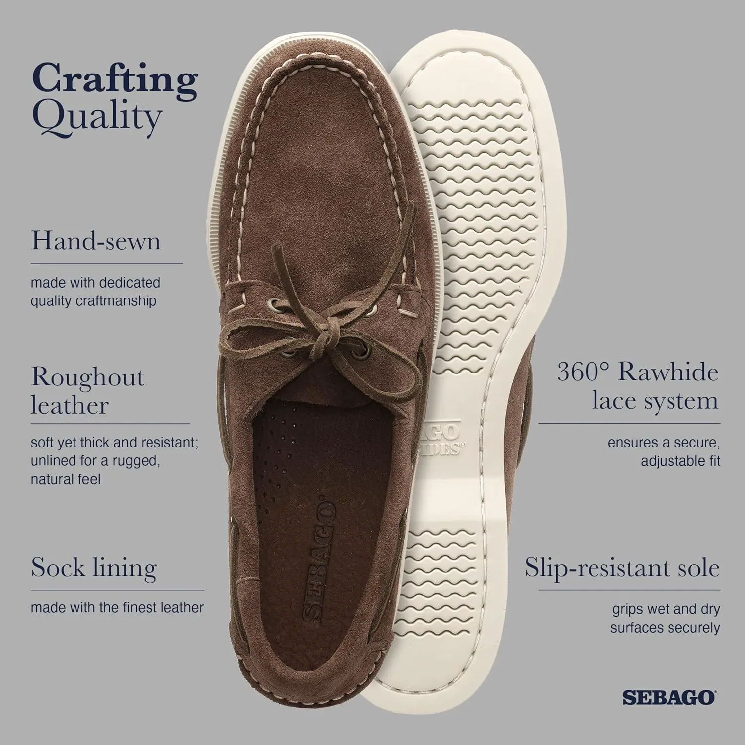 Мокасины Sebago Portland Roughout из грубой кожи ручной работы с кожаной подкладкой и нескользящей резиновой подошвой с протектором, темно-коричневый — фото 2