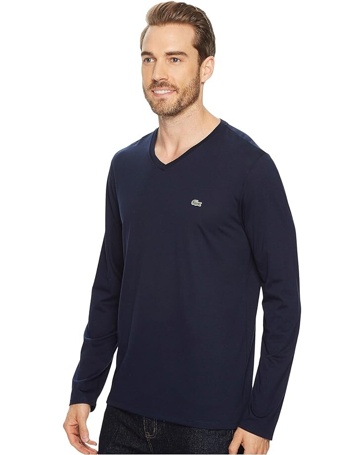 Футболка Lacoste Long Sleeve Pima Jersey V-Neck, цвет Navy Blue — фото 2