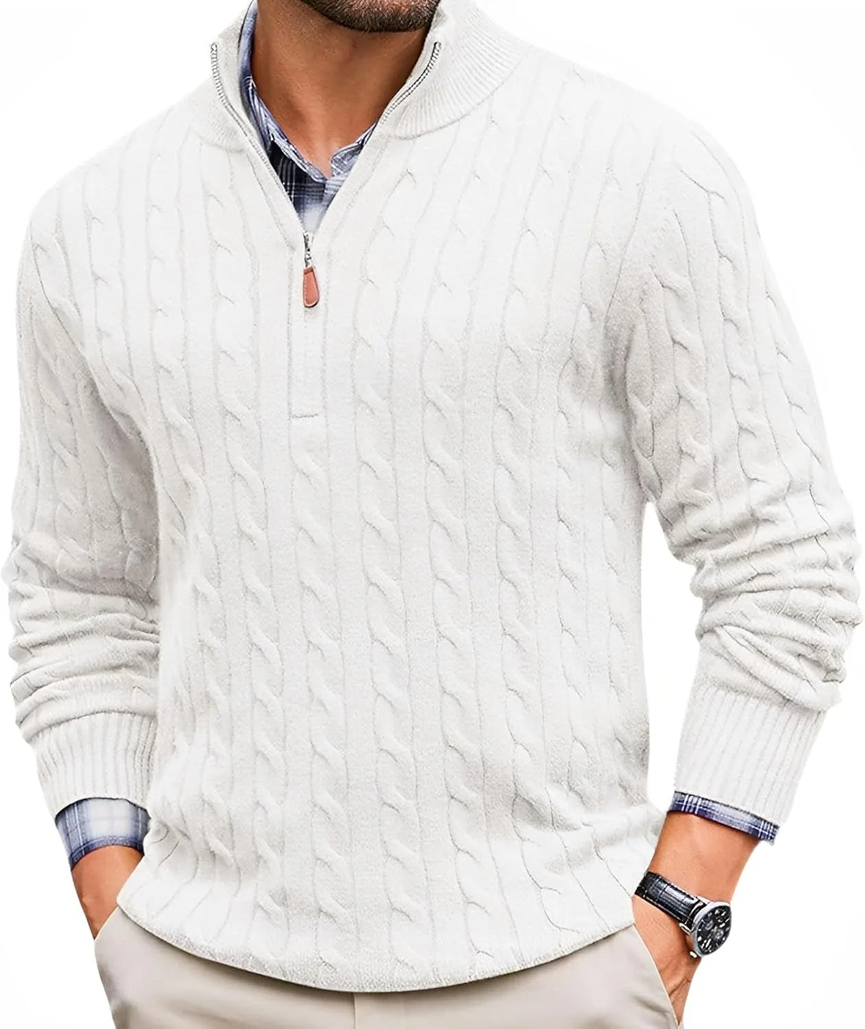 

Мужской свитер с четвертью молнии, кабельной вязкой и воротником-поло MAOWINTY