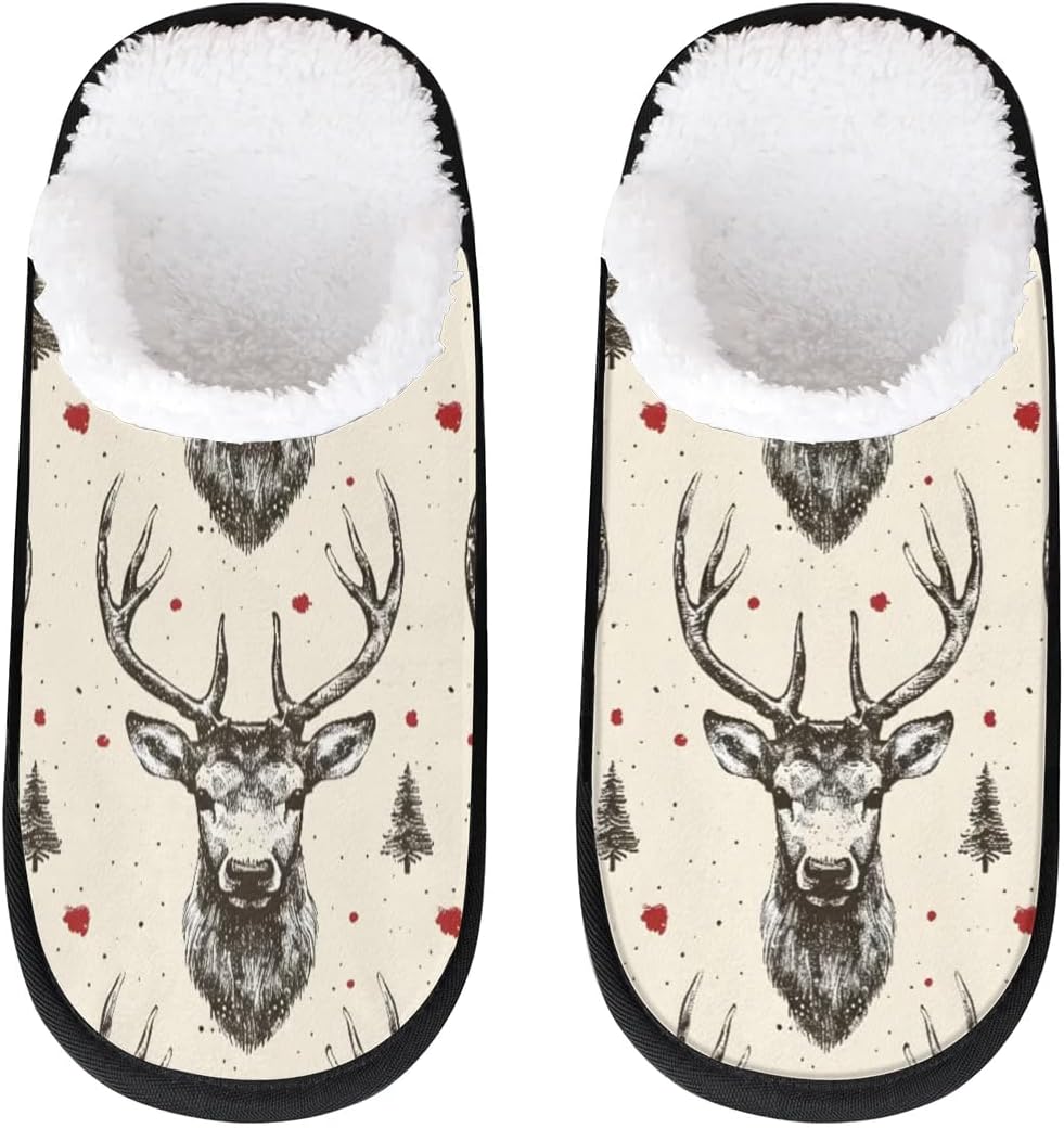 

Тапочки Gublec для женщин и мужчин, уютные с нескользящей подошвой, для дома, теплые плюшевые тапочки для дома, спальни и путешествий, Retro Deer Print