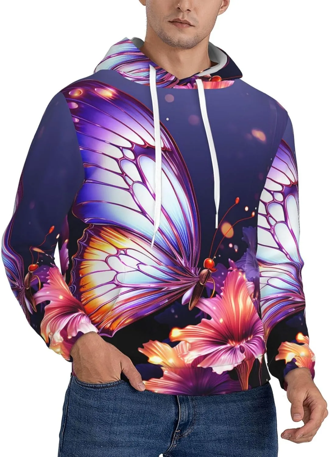 

Мужская флисовая толстовка с капюшоном, Casual, с длинным рукавом, фиолетовая с бабочками KKLWEGU