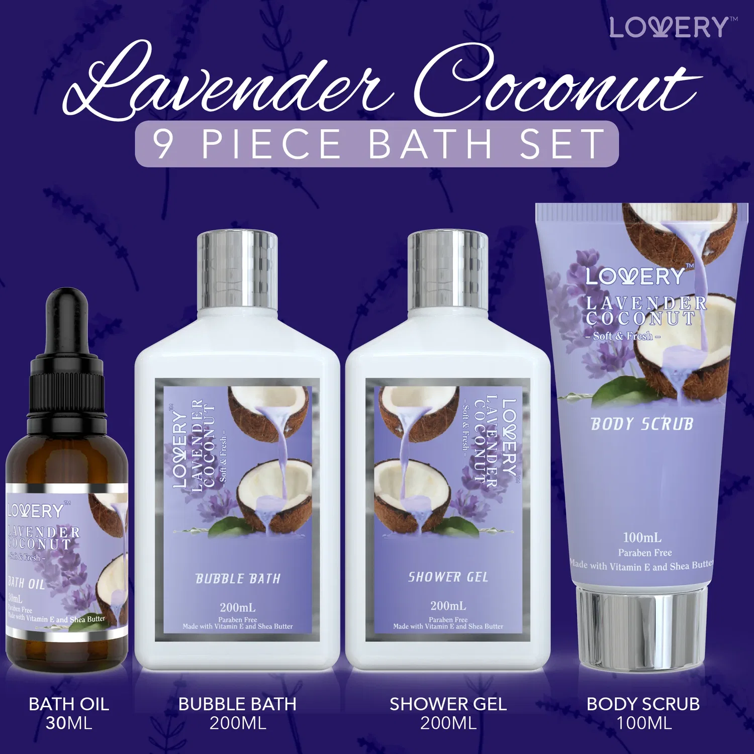 Подарочный набор для домашнего спа-салона Lovery Home Spa - Лаванда и кокос - Корзинка ручной работы с жемчугом - 9 предметов, фиолетовый — фото 2
