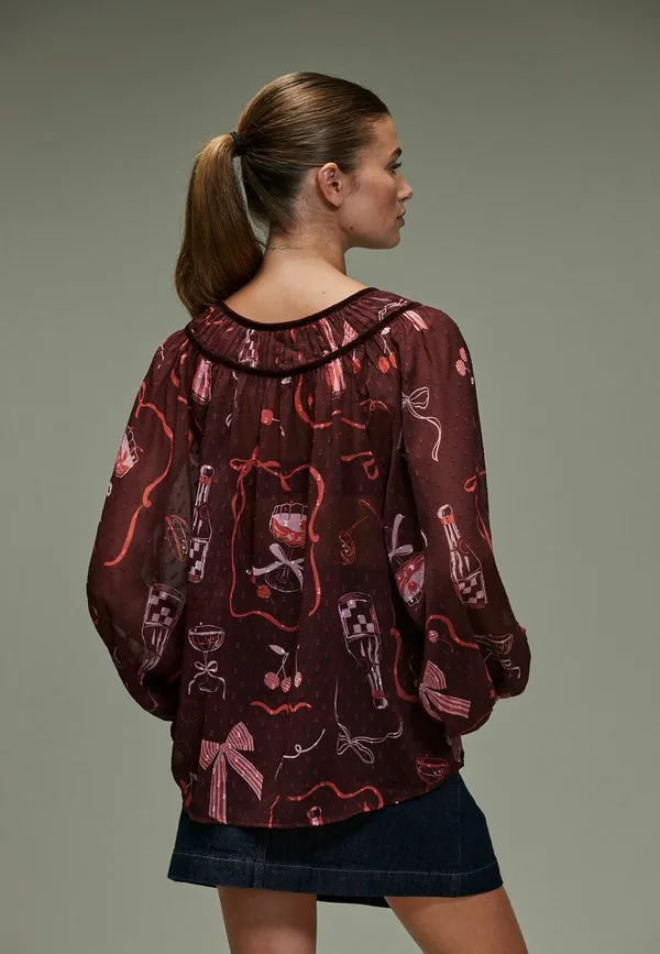 Блузка прямого кроя с длинными рукавами Next, Burgundy Red Pink Festive Bow Print — фото 3