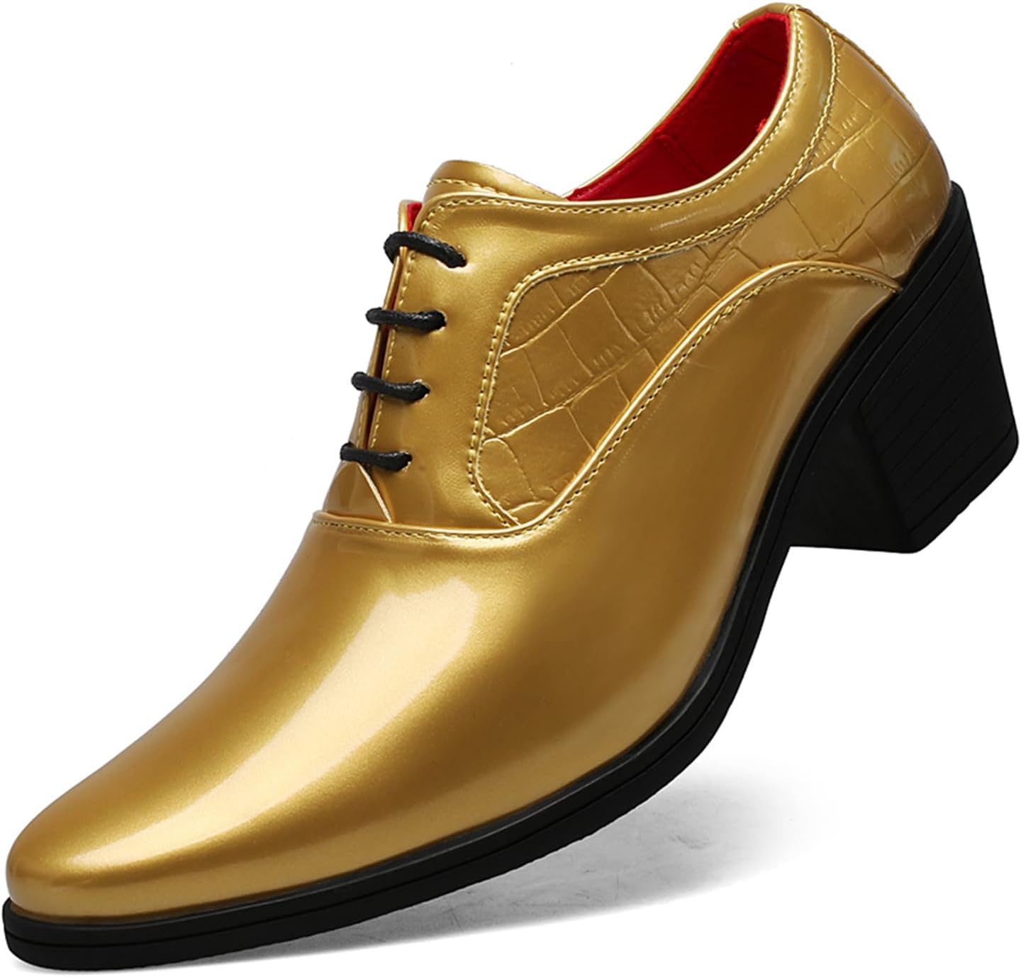 

Мужские оксфорды из лакированной кожи на массивном каблуке, зауженный носок, шнуровка, модные туфли на высоком каблуке для работы, бизнеса, свадьбы, выпускного и торжественного платья Ptnoka, золотой