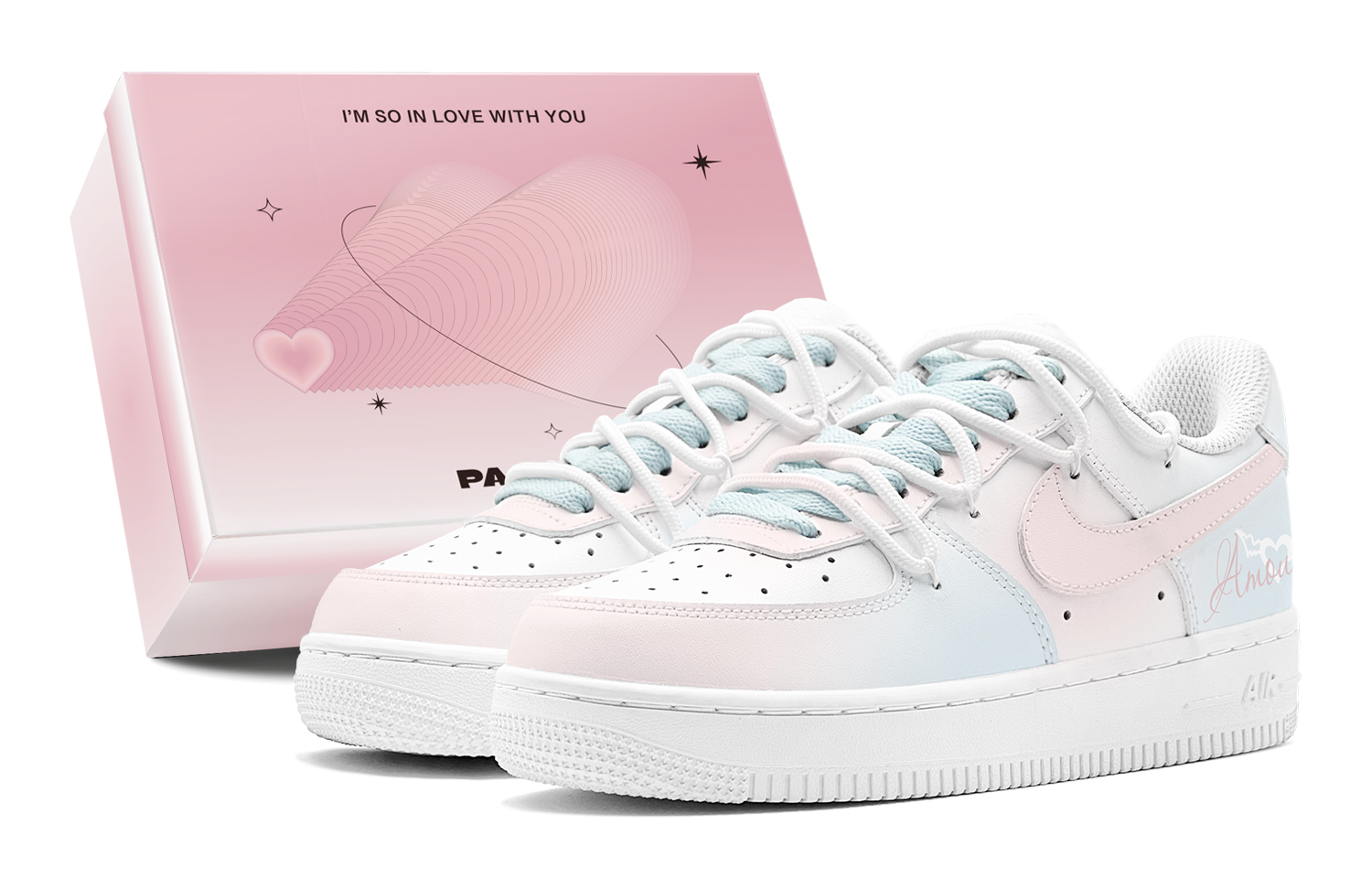 

Nike Кроссовки Air Force 1 Romantic Greeting, Sugar Frosting Love Feather, нескользящие, низкие, для скейтбординга, мужские, розовые, синие