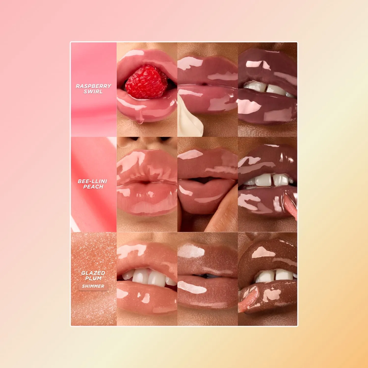 Набор блесков для губ Gisou Honey Infused Drip Oil, оттенки Raspberry Swirl, Bellini Peach и Glazed Plum, 3 шт — фото 2